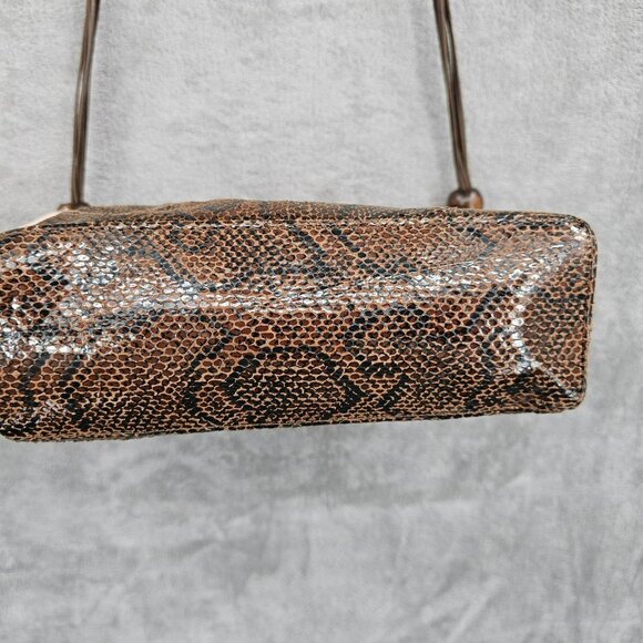 Basix New York Snake Print Textured Leather Shoulder Bag Brown Black Beads Strap - Picture 8 of 14